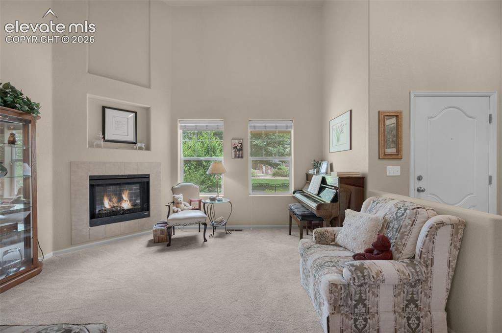 Image 4 of 28: Spacious living area featuring high ceilings, a gas fireplace with a tiled