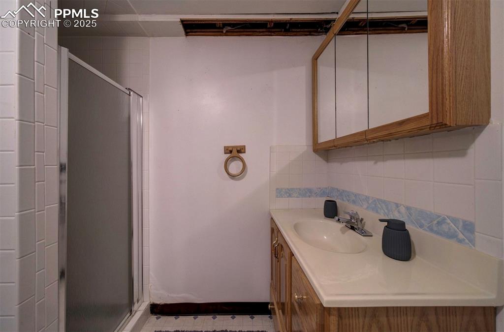 Image 33 of 50: Basement shower bathroom with vanity, mirrored medicine cabinet, and enclos