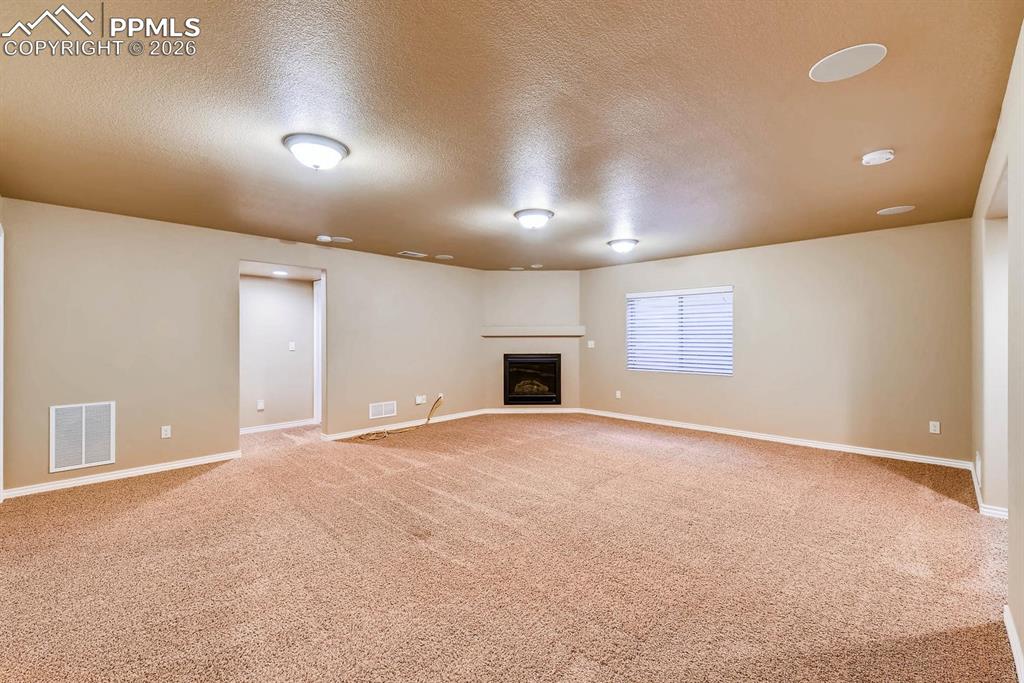 Image 20 of 28: Unfurnished living room featuring a textured ceiling, light carpet, and a f