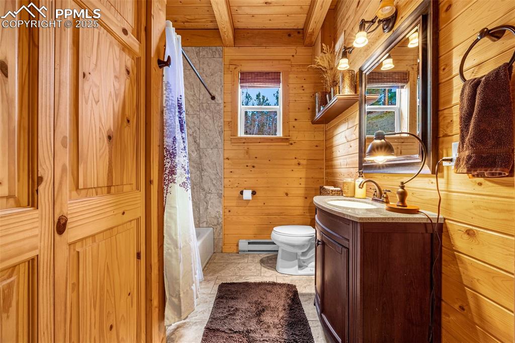 Image 13 of 45: Full bath with plenty of natural light, wood walls, toilet, vanity, and woo