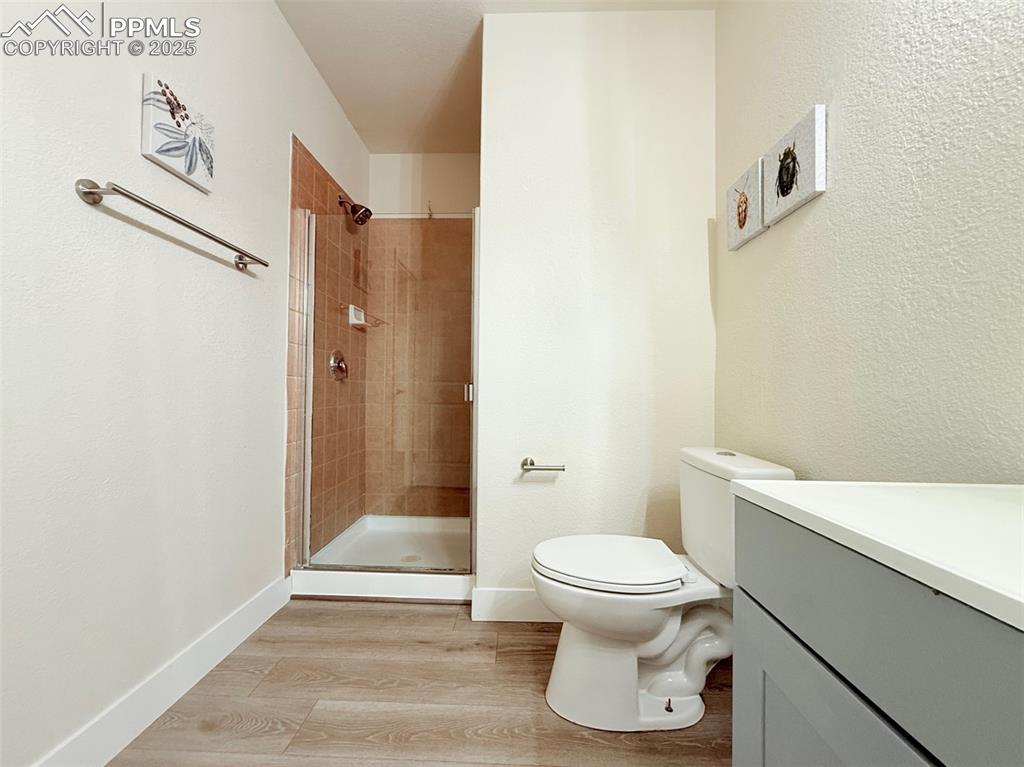 Image 37 of 49: Bathroom featuring light wood-style flooring, vanity, a stall shower, and a