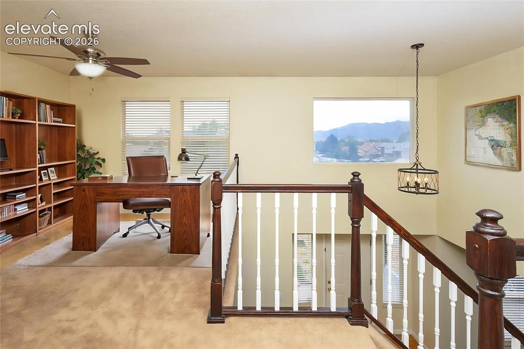 Image 13 of 32: Carpeted loft space featuring built-in wood shelving, multiple windows with