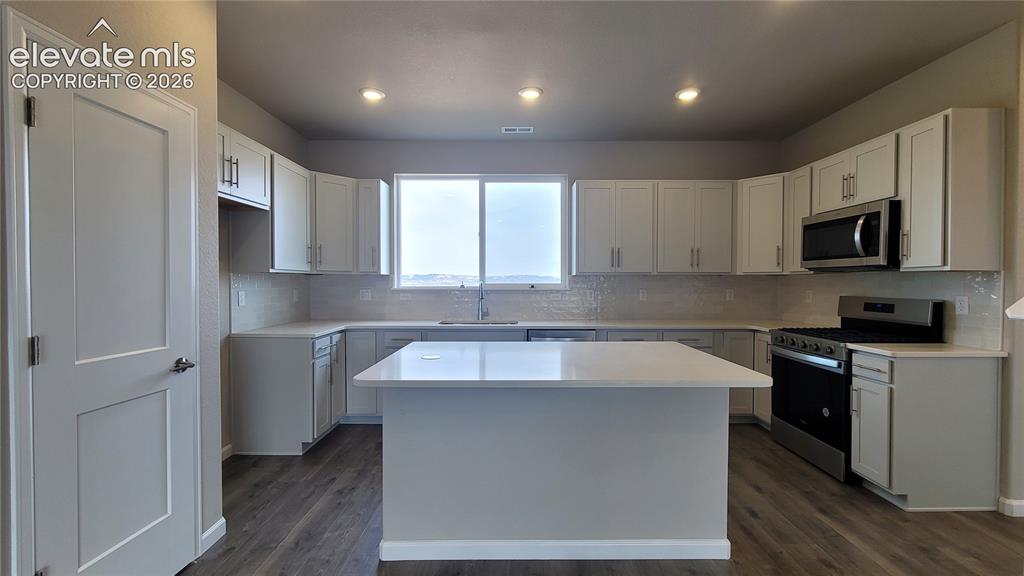 Image 13 of 28: Kitchen with quartz countertops, pantry, large island providing additional