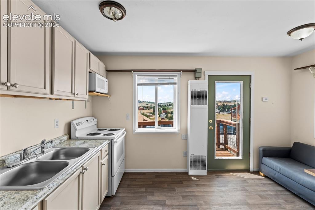 Image 10 of 20: Compact kitchen and living area featuring wood-finish flooring