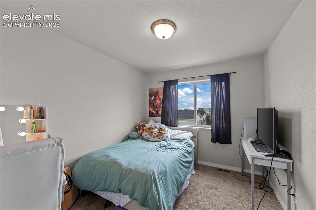 Image 17 of 32: Carpeted flooring, window with exterior building visibility, and ceiling-mo
