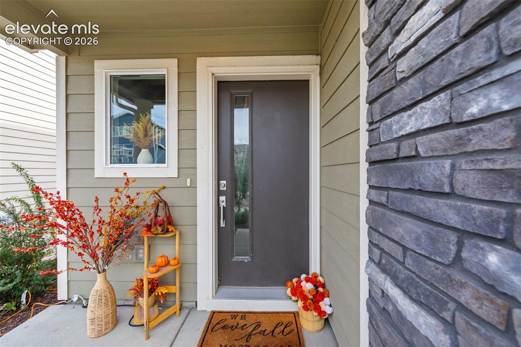 Image 4 of 32: Front entry with a dark gray door, vertical pane window, light green siding