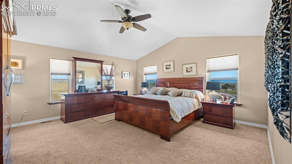 Image 20 of 50: Bedroom with vaulted ceiling and a ceiling fan
