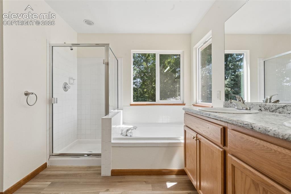 Image 23 of 41: New vanity and countertops and luxury vinyl planking flooring