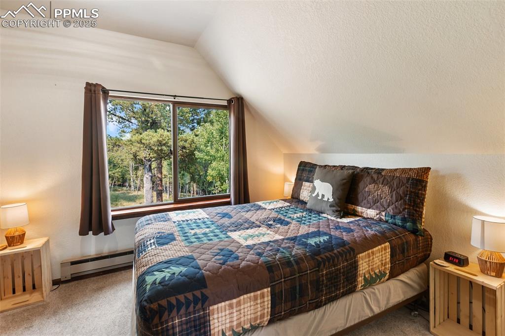 Image 30 of 45: Upper level Carpeted bedroom featuring lofted ceiling, a textured wall, bas
