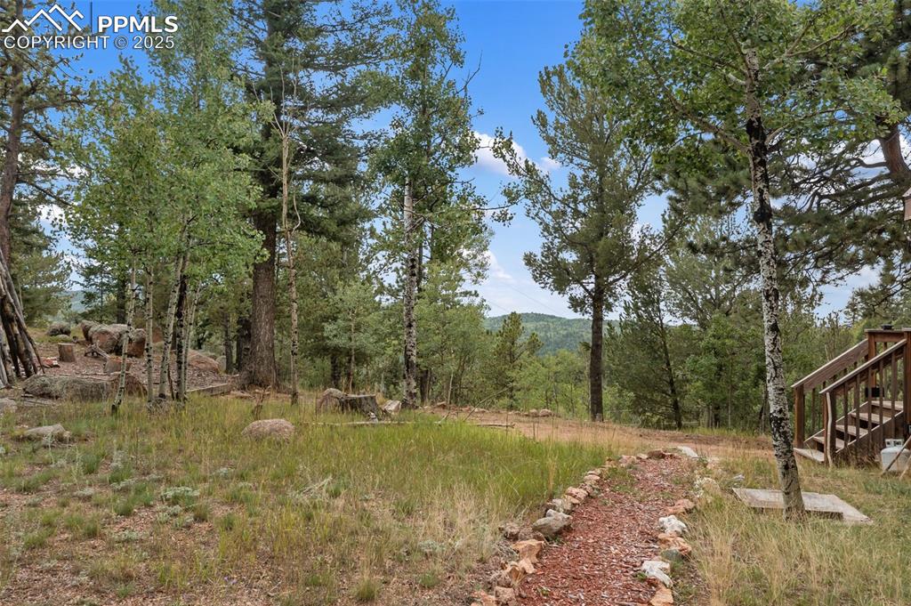 Image 39 of 45: View of yard with a wooded view and stairway