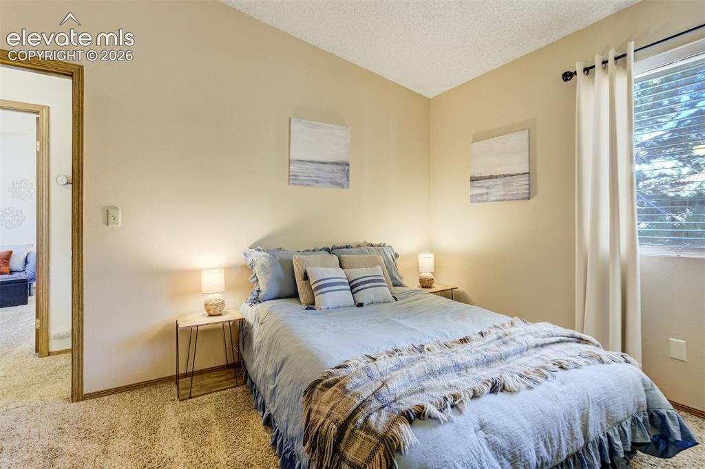 Image 19 of 50: Wall-to-wall carpeting and a window with blinds