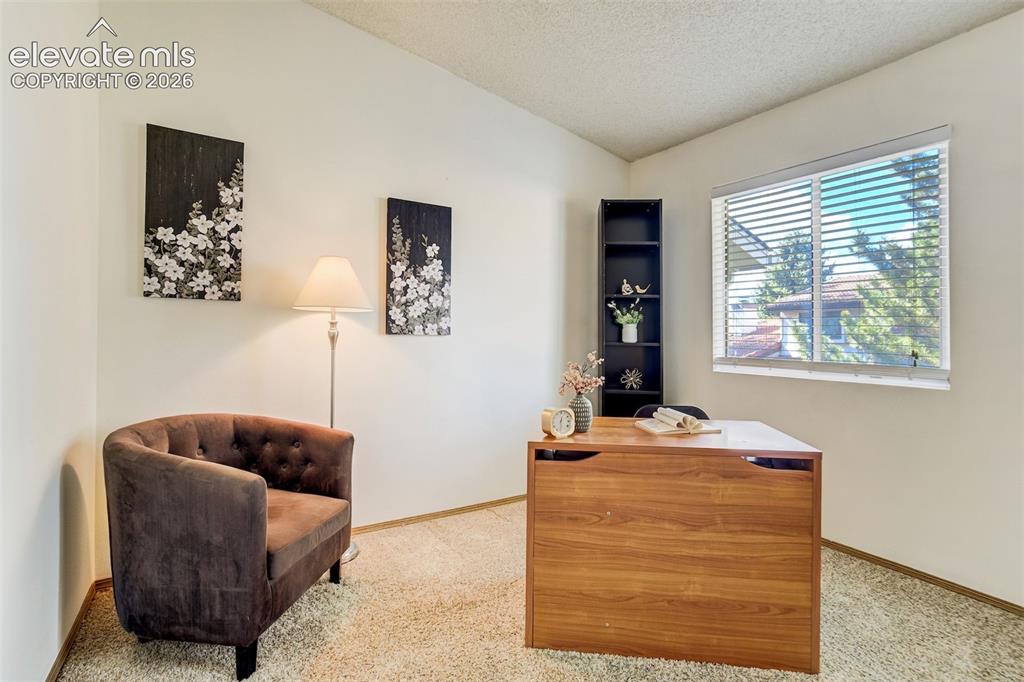 Image 22 of 50: Light-colored carpeting, a window with horizontal blinds, and a built-in sh