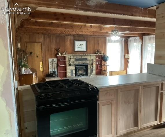Image 25 of 36: Kitchen pass-through featuring an oven/range, light wood-finish cabinetry,
