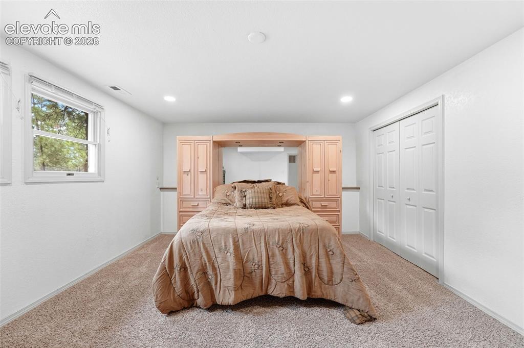 Image 33 of 42: Plush carpet flooring, recessed lighting, and a built-in wood cabinetry sys