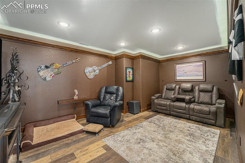 Image 32 of 48: Home theater room featuring a textured wall, wood finished floors, ornament