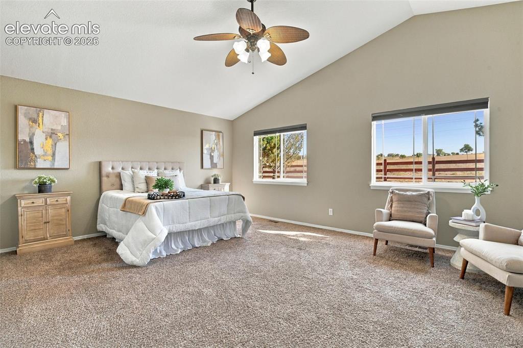 Image 23 of 50: Vaulted ceiling with a ceiling fan, plush carpet flooring, and multiple win