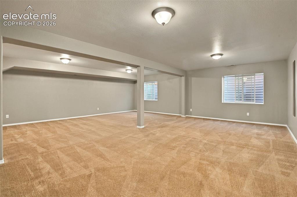 Image 36 of 50: Expansive room featuring carpet flooring, multiple windows with blinds, and