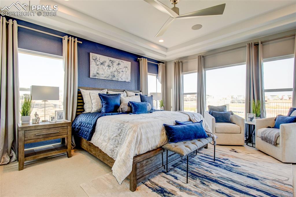 Image 14 of 30: Bedroom featuring a tray ceiling and ceiling fan