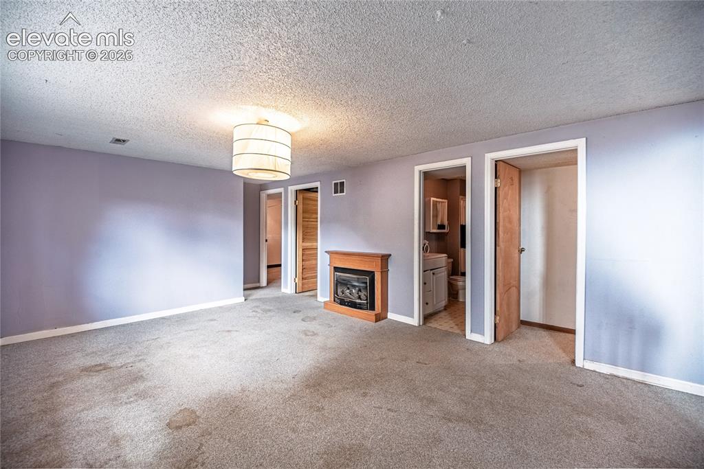 Image 31 of 50: Electric fireplace with wood surround, ceiling-mounted light fixture, and m