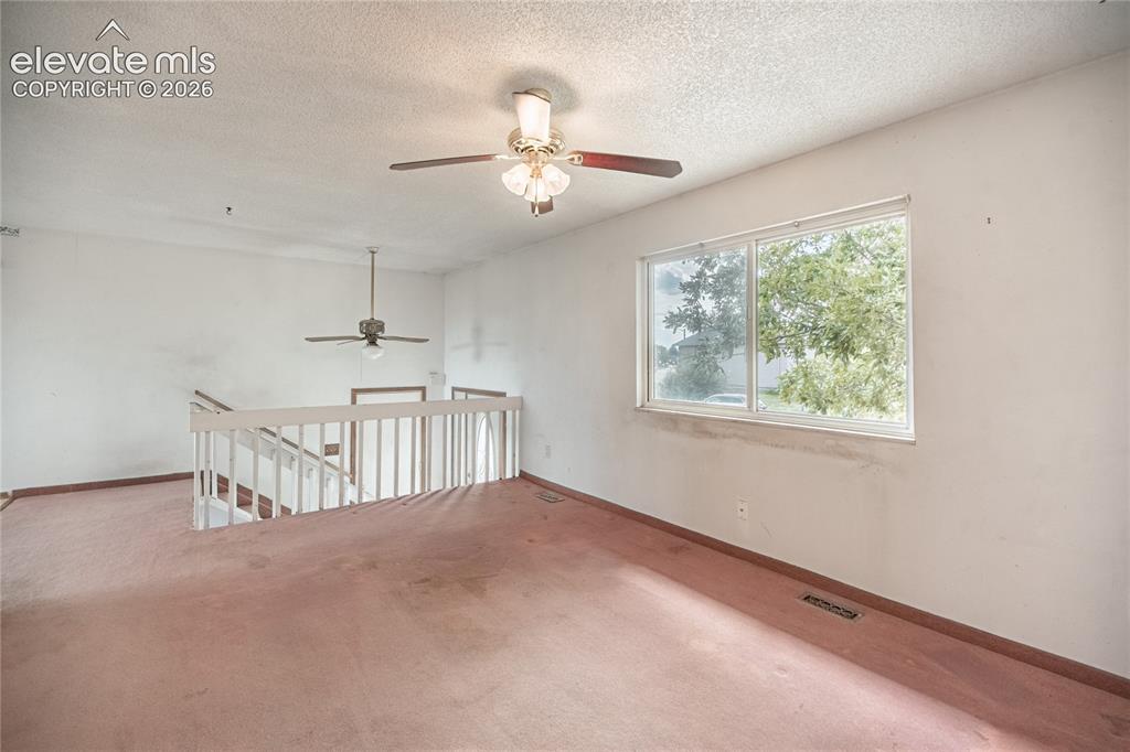 Image 9 of 50: Carpeted upper level with an open railing overlooking the lower level, feat