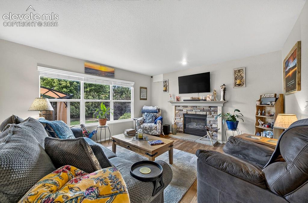Image 15 of 44: The Family Room features a large window with backyard views and a gas firep