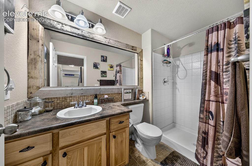 Image 39 of 44: The Basement Shower Bathroom features a tile floor, vanity, framed mirror,