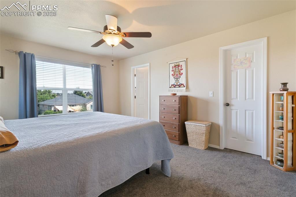 Image 14 of 29: Carpeted main bedroom featuring a ceiling fan and walk-in closet