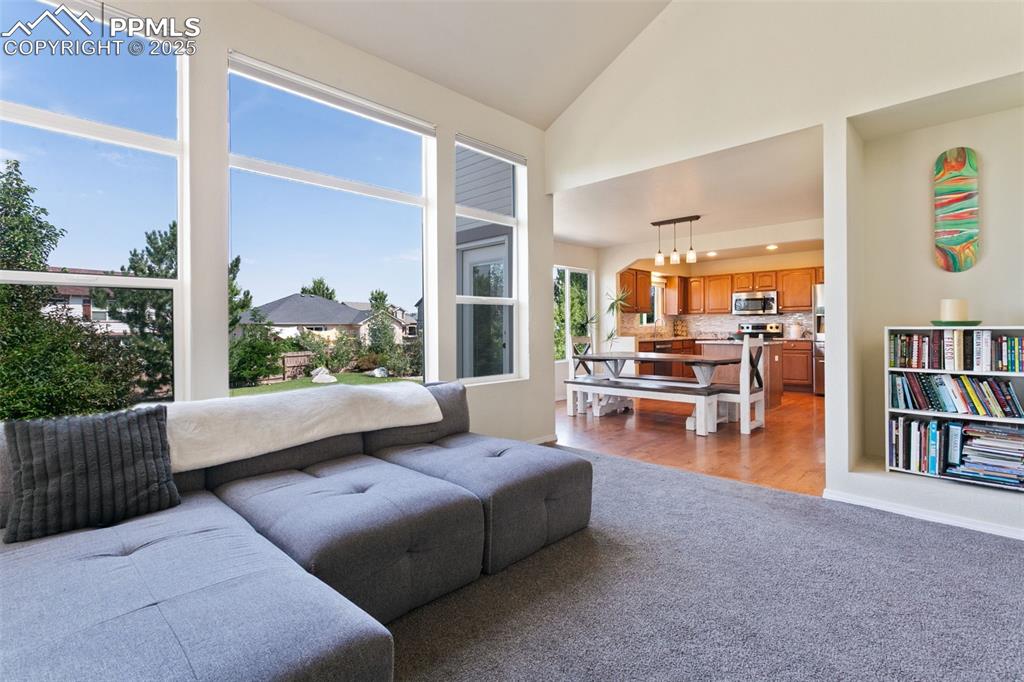 Image 9 of 29: Living area with vaulted ceiling and massive amounts of natural light from