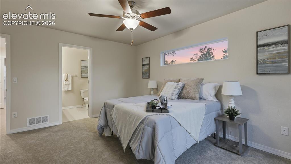 Image 20 of 50: A spacious upper level Primary Suite neutral carpet and lighted ceiling fan