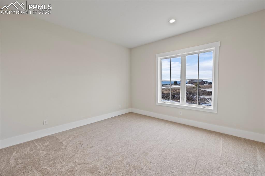 Image 39 of 47: Spare room featuring baseboards, recessed lighting, and carpet flooring