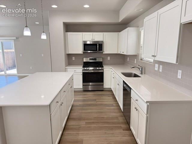 Image 22 of 42: Kitchen featuring an expansive island, white cabinetry, light countertops, 