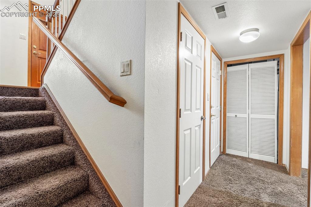Image 39 of 48: Stairs with carpet, a textured wall, and a textured ceiling