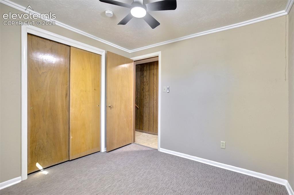 Image 40 of 50: Room featuring wall-to-wall carpeting, wood-finish sliding closet doors, a 