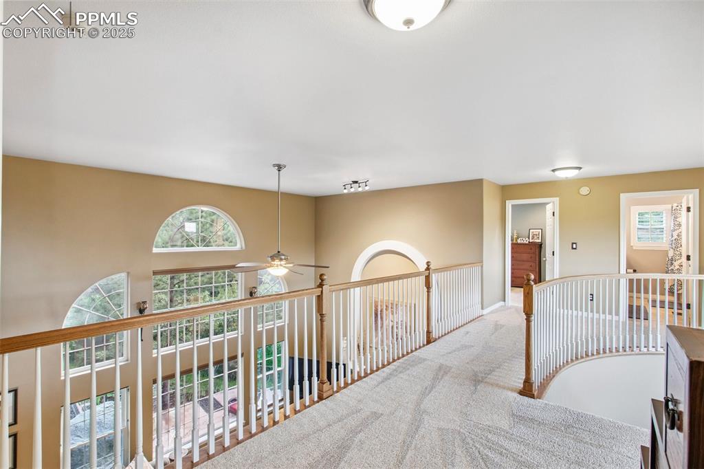 Image 19 of 44: Corridor with plenty of natural light, an upstairs landing, and carpet floo