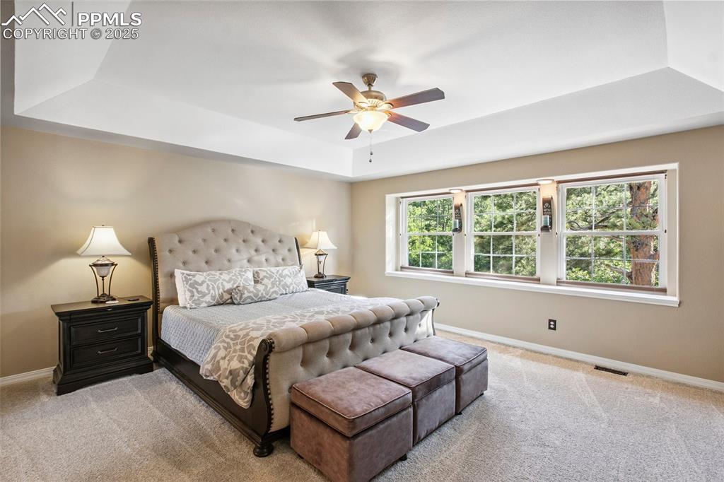 Image 20 of 44: Carpeted bedroom featuring a raised ceiling and a ceiling fan