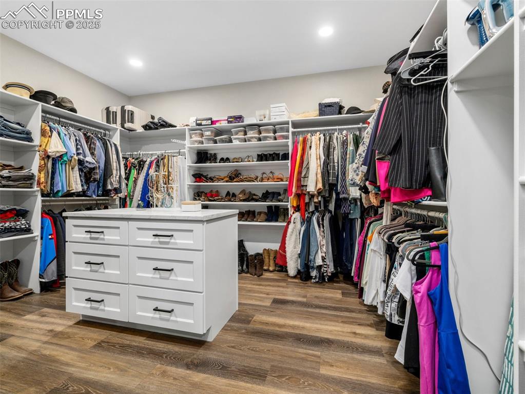 Image 32 of 48: Walk in closet with dark wood-style floors