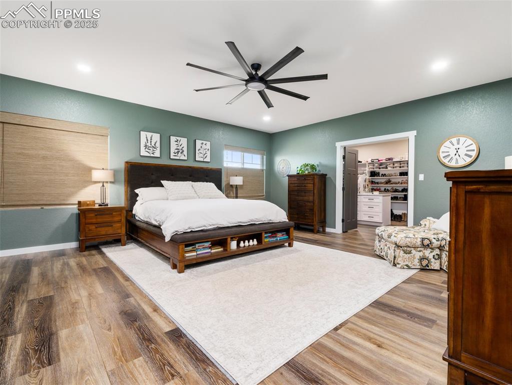 Image 36 of 48: Bedroom featuring a spacious closet, wood finished floors, a ceiling fan, a
