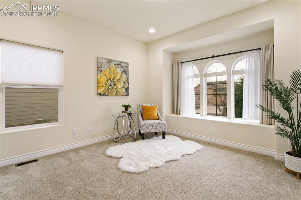 Image 16 of 49: Living area with carpet flooring and recessed lighting