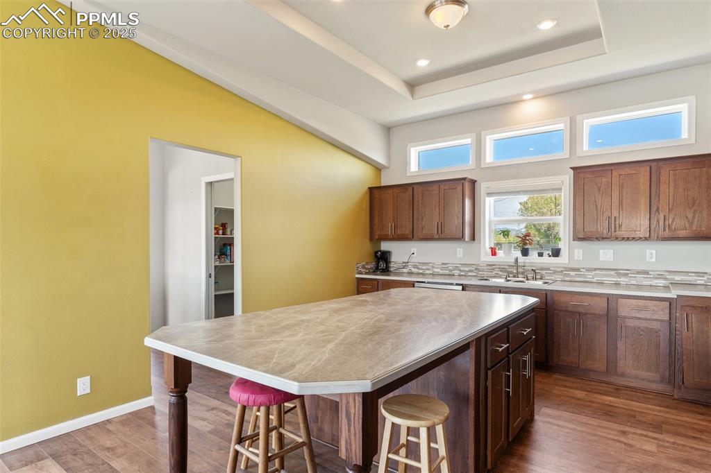 Image 12 of 50: Kitchen with a sink, dark wood finished floors, recessed lighting, a breakf