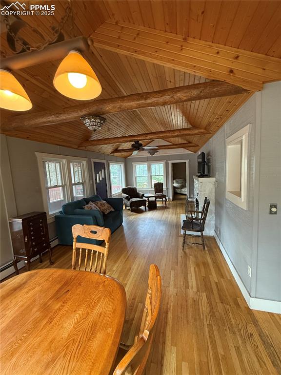Image 4 of 23: Dining space with hardwood / wood-style floors, wood ceiling, plenty of nat