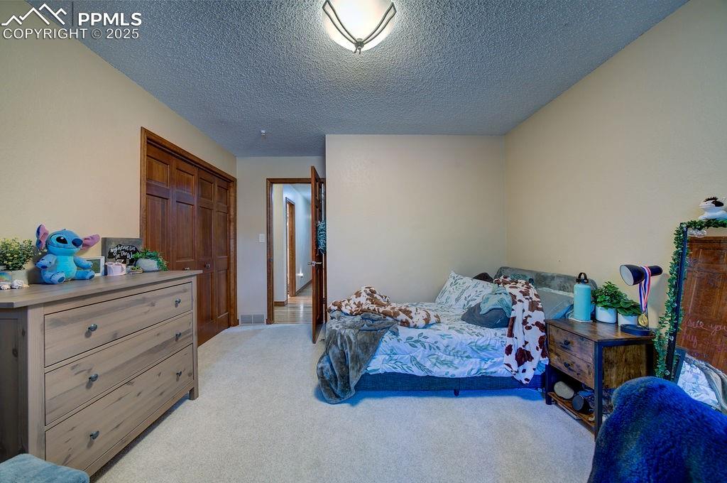 Image 17 of 42: Bedroom with light carpet and a textured ceiling