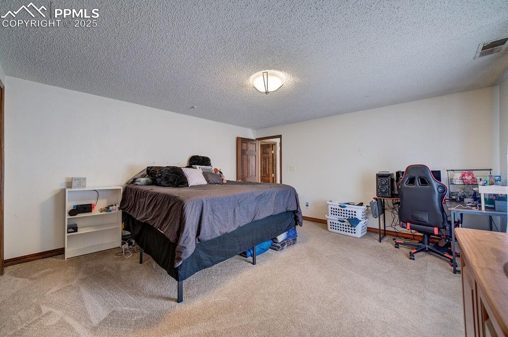 Image 21 of 42: Bedroom featuring carpet floors, a textured ceiling, visible vents, and bas