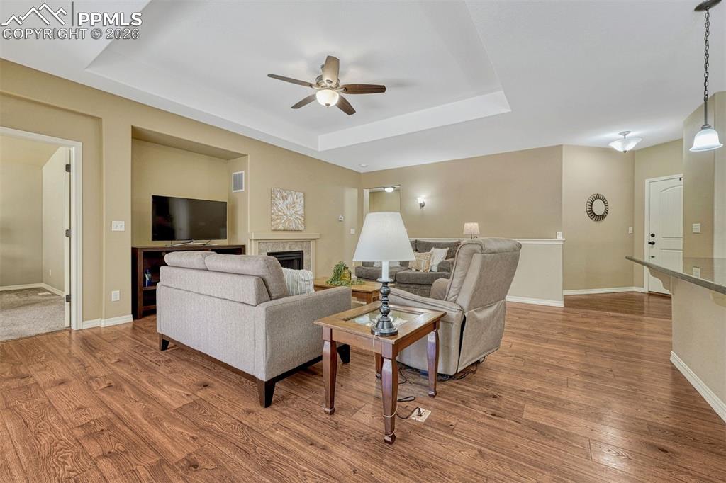 Image 38 of 41: Spacious, inviting living room with gas fireplace and trey ceiling.