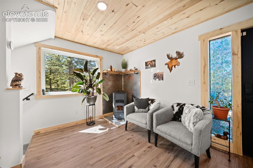 Image 12 of 42: Main level sittin area with pellet stove