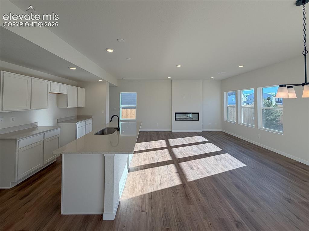 Image 5 of 34: Open-concept living area featuring wood-finish flooring, a contemporary fir
