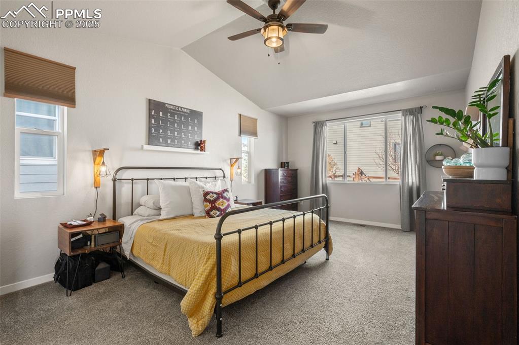 Image 18 of 48: Bedroom with carpet floors, multiple windows, lofted ceiling, and a ceiling