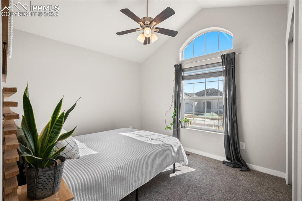Image 23 of 48: Bedroom featuring carpet, a ceiling fan, and high vaulted ceiling