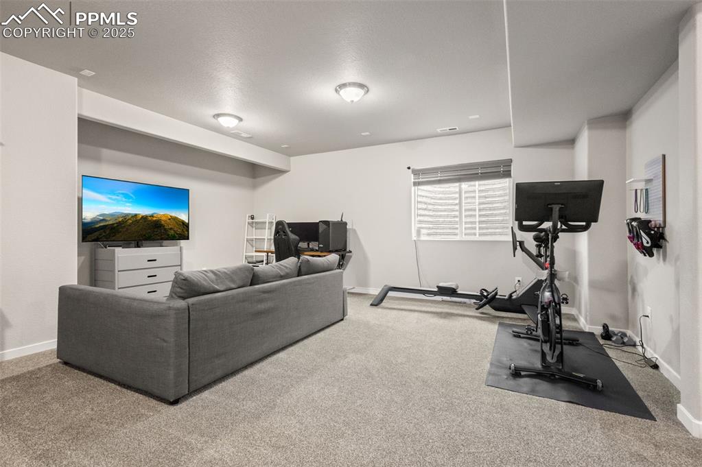 Image 28 of 48: Workout area featuring carpet flooring