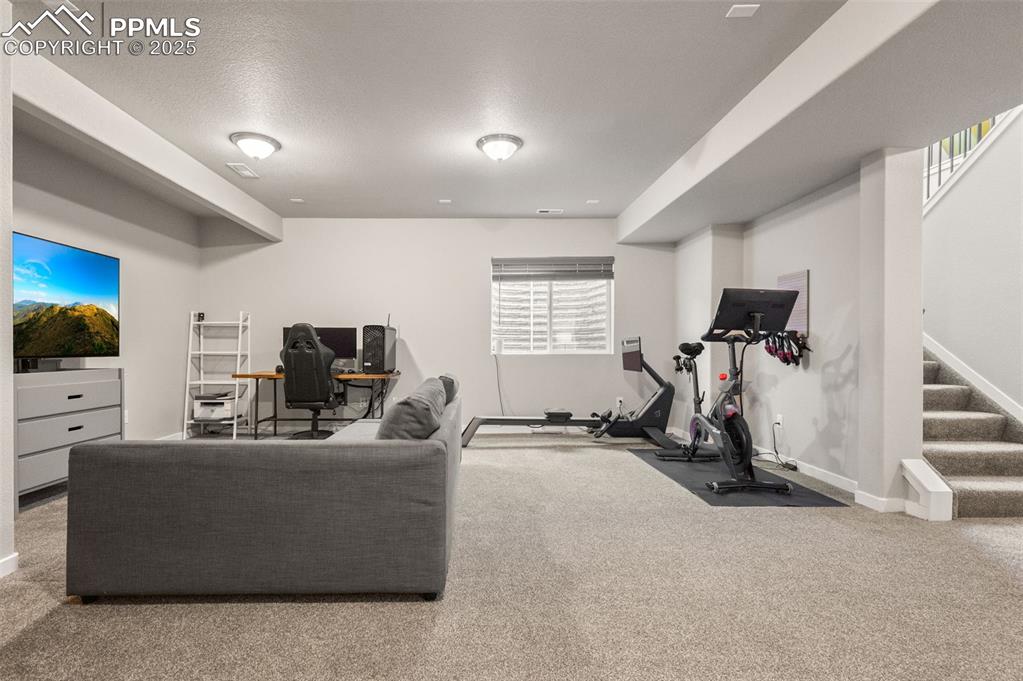 Image 31 of 48: Exercise room featuring carpet and a textured ceiling