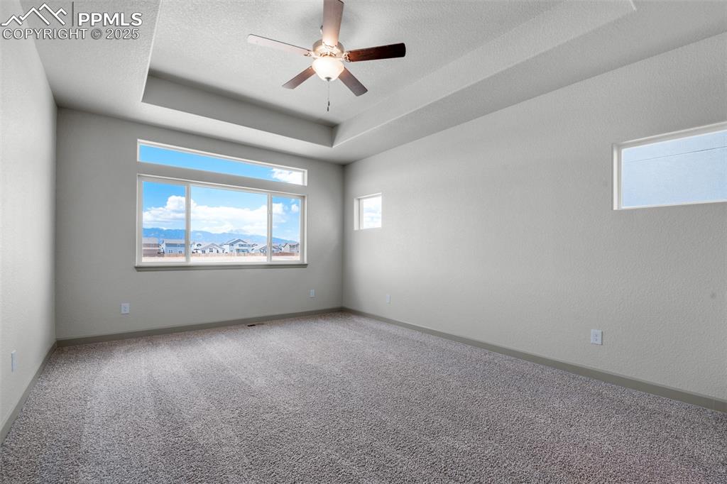 Image 10 of 21: Carpeted empty room featuring a raised ceiling, a textured ceiling, and cei
